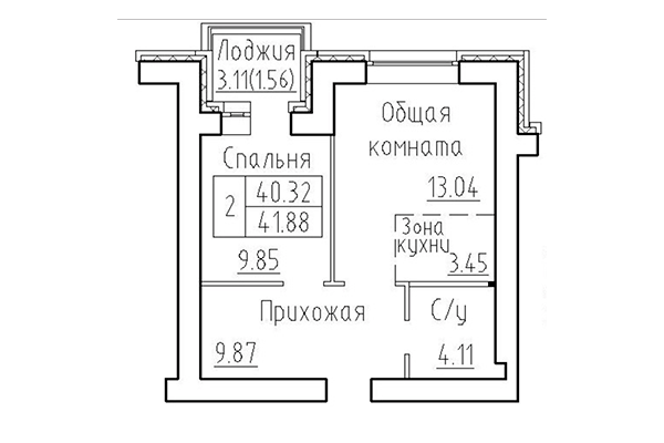 2-комнатная квартира 40,32 м² в ЖК Кольца. Планировка