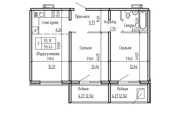 3-комнатная квартира 55,15 м² в ЖК Кольца. Планировка