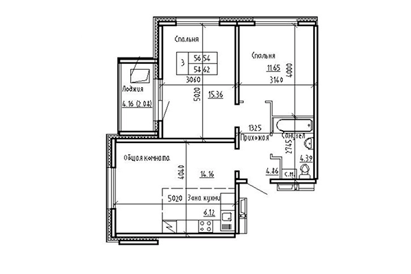3-комнатная квартира 56,54 м² в ЖК Кольца. Планировка