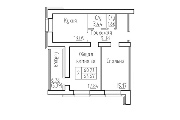2-комнатная квартира 60,28 м² в ЖК Кольца. Планировка