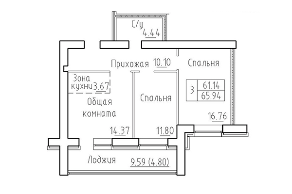 3-комнатная квартира 61,14 м² в ЖК Кольца. Планировка