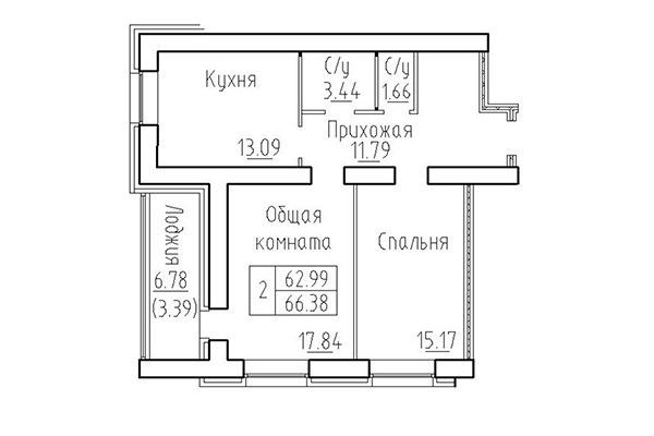 2-комнатная квартира 62,99 м² в ЖК Кольца. Планировка