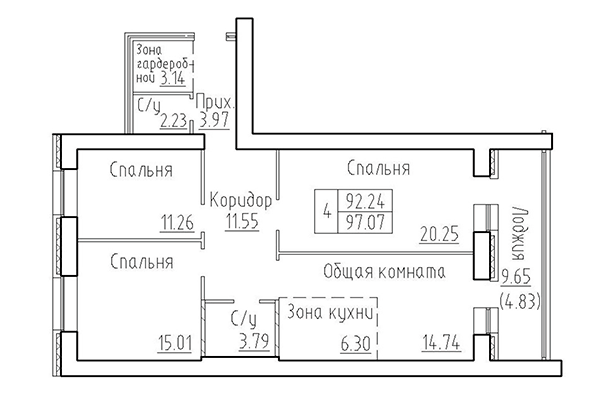4-комнатная квартира 92,24 м² в ЖК Кольца. Планировка