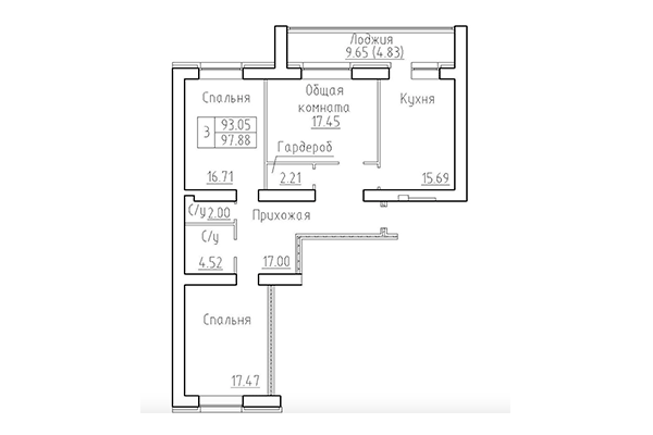 3-комнатная квартира 93,05 м² в ЖК Кольца. Планировка