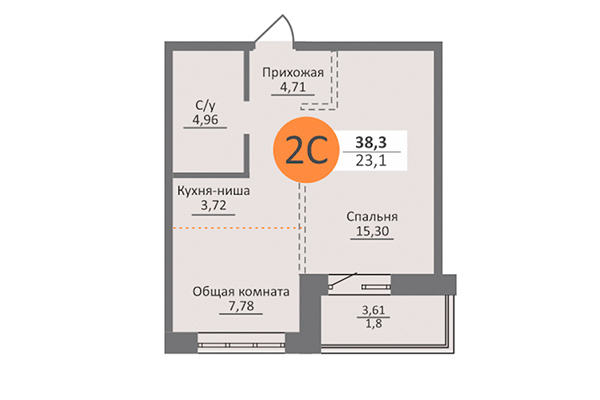 2-комнатная квартира 38,30 м² в ЖК Облака 2. Планировка