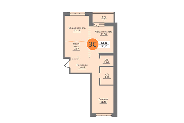 3-комнатная квартира 61,80 м² в ЖК Облака 2. Планировка