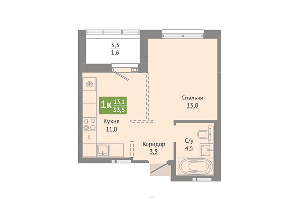 1-комнатная квартира 33,50 м² в ЖК Сосновый бор. Планировка