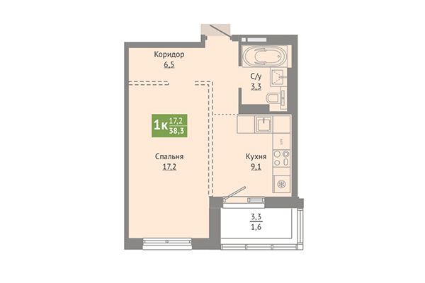1-комнатная квартира 38,30 м² в ЖК Сосновый бор. Планировка