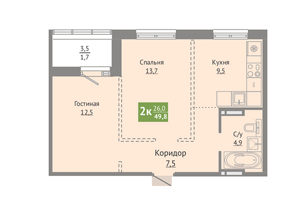 2-комнатная квартира 49,80 м² в ЖК Сосновый бор. Планировка