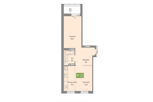 2-комнатная квартира 52,30 м² в ЖК Сосновый бор. Планировка