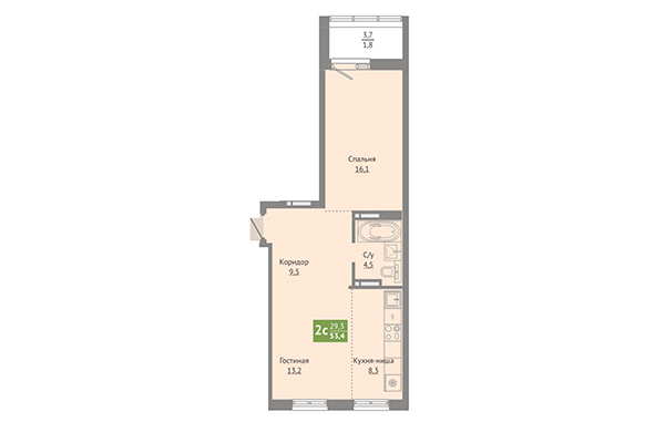 2-комнатная квартира 53,04 м² в ЖК Сосновый бор. Планировка
