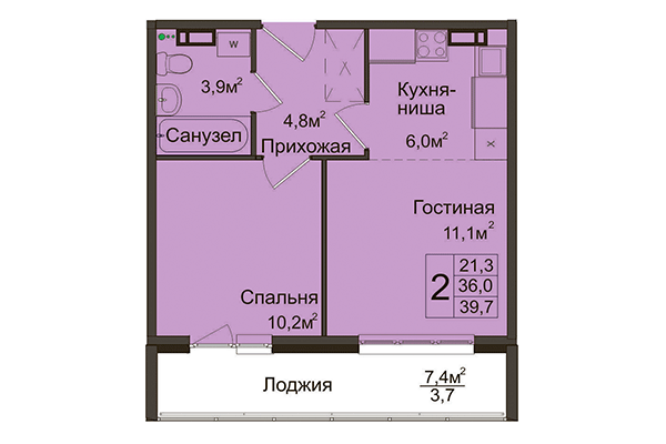 2-комнатная квартира 39,70 м² в ЖК Венеция. Планировка