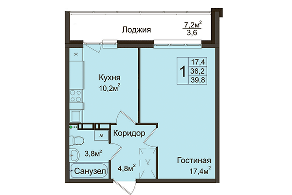1-комнатная квартира 39,80 м² в ЖК Венеция. Планировка