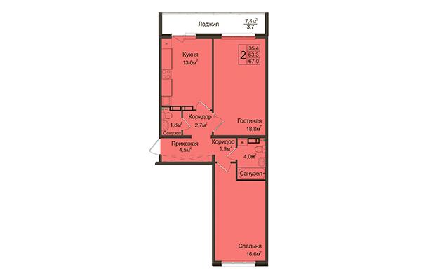2-комнатная квартира 67,01 м² в ЖК Венеция. Планировка
