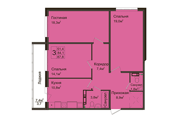 3-комнатная квартира 87,80 м² в ЖК Венеция. Планировка