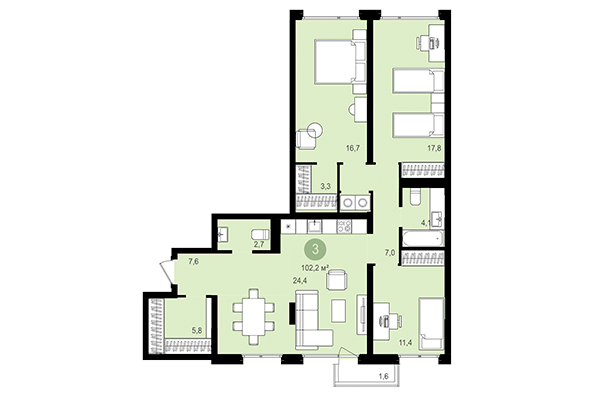 3-комнатная квартира 102,20 м² в Квартал Авиатор. Планировка