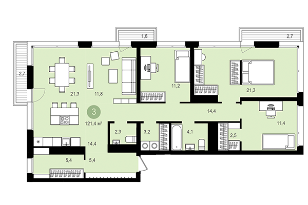 3-комнатная квартира 121,40 м² в Квартал Авиатор. Планировка