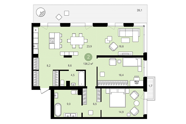 2-комнатная квартира 136,20 м² в Квартал Авиатор. Планировка