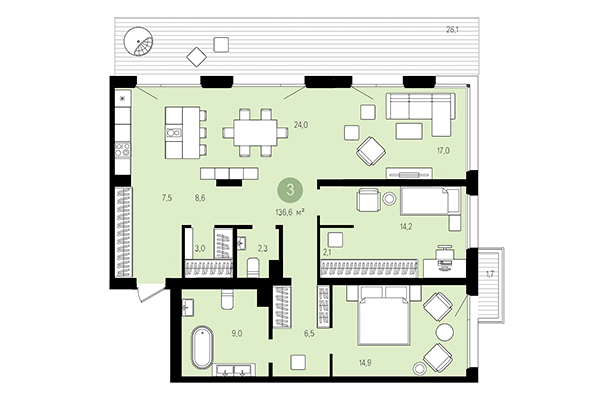 3-комнатная квартира 136,60 м² в Квартал Авиатор. Планировка