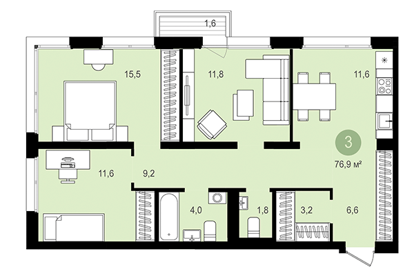 3-комнатная квартира 76,90 м² в Квартал Авиатор. Планировка