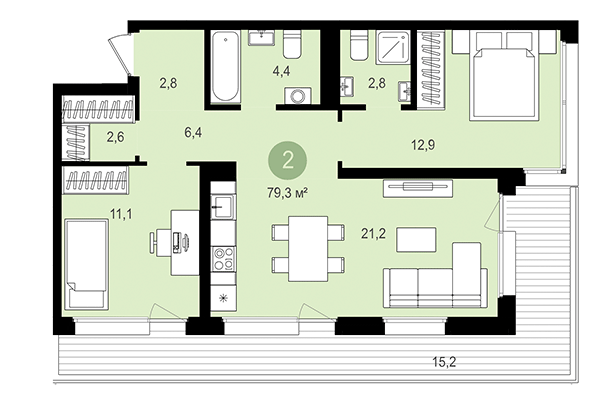 2-комнатная квартира 79,30 м² в Квартал Авиатор. Планировка