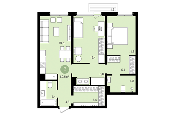 2-комнатная квартира 80,60 м² в Квартал Авиатор. Планировка