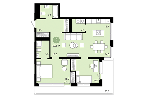 2-комнатная квартира 90,30 м² в Квартал Авиатор. Планировка
