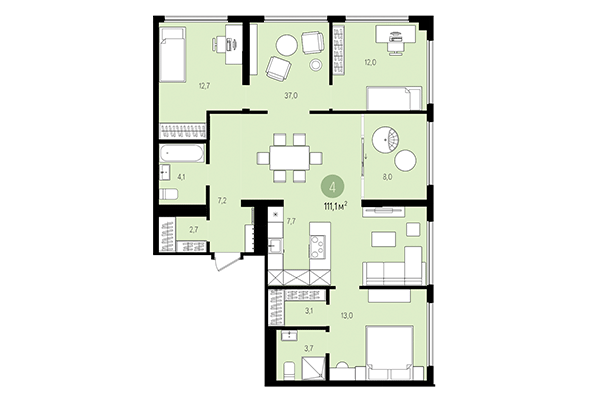 4-комнатная квартира 111,12 м² в Квартал на Декабристов. Планировка