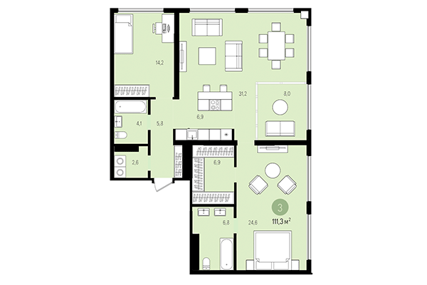 3-комнатная квартира 111,30 м² в Квартал на Декабристов. Планировка