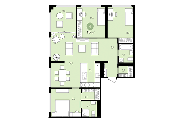 4-комнатная квартира 111,40 м² в Квартал на Декабристов. Планировка