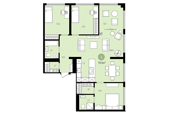 4-комнатная квартира 111,41 м² в Квартал на Декабристов. Планировка