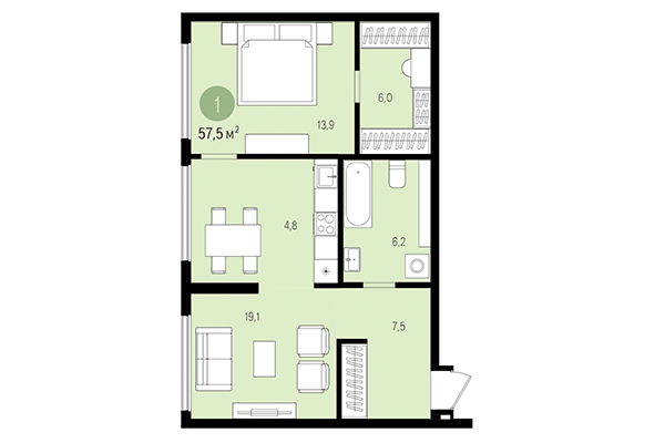 1-комнатная квартира 57,50 м² в Квартал на Декабристов. Планировка