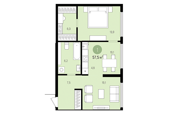 1-комнатная квартира 57,51 м² в Квартал на Декабристов. Планировка