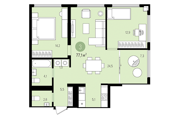 2-комнатная квартира 77,10 м² в Квартал на Декабристов. Планировка