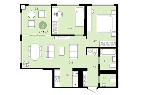 2-комнатная квартира 77,41 м² в Квартал на Декабристов. Планировка