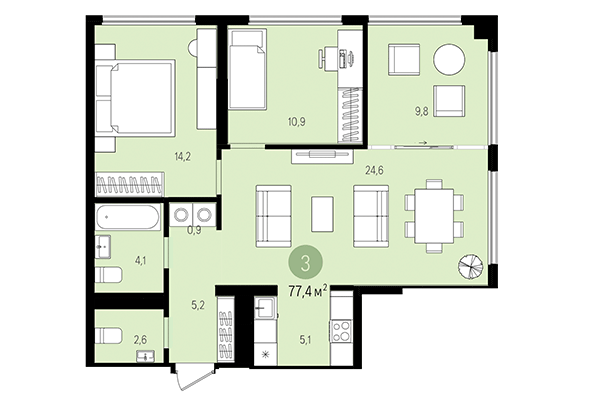 3-комнатная квартира 77,42 м² в Квартал на Декабристов. Планировка