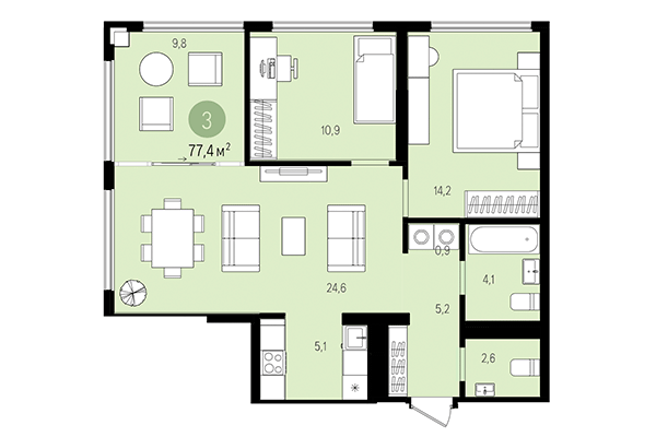 3-комнатная квартира 77,43 м² в Квартал на Декабристов. Планировка