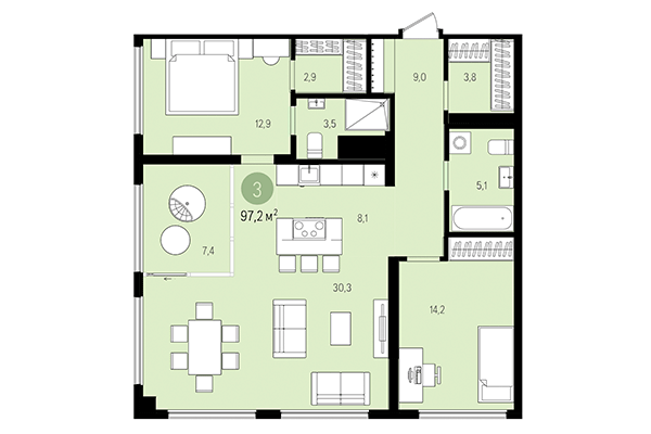 3-комнатная квартира 97,22 м² в Квартал на Декабристов. Планировка