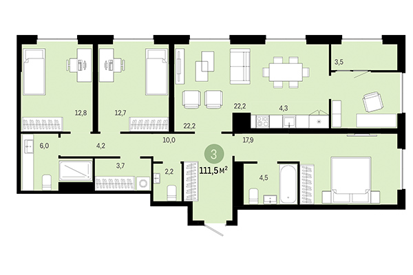 3-комнатная квартира 111,50 м² в Европейский берег. Планировка