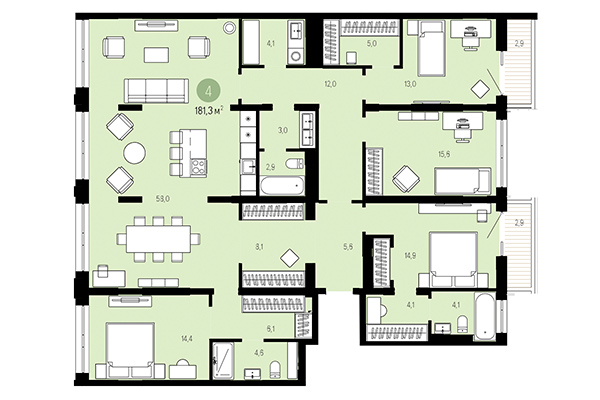 4-комнатная квартира 181,30 м² в Европейский берег. Планировка