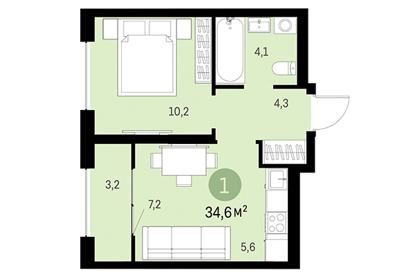 1-комнатная квартира 34,60 м² в Европейский берег. Планировка