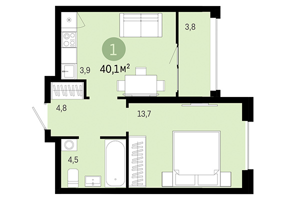 1-комнатная квартира 40,10 м² в Европейский берег. Планировка