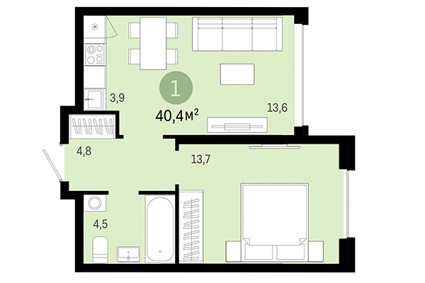 1-комнатная квартира 40,40 м² в Европейский берег. Планировка