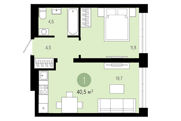1-комнатная квартира 40,50 м² в Европейский берег. Планировка
