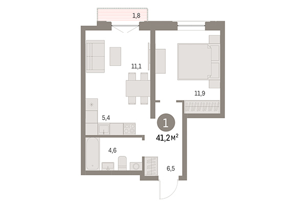 1-комнатная квартира 41,20 м² в Европейский берег. Планировка