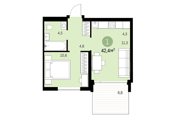 1-комнатная квартира 42,40 м² в Европейский берег. Планировка