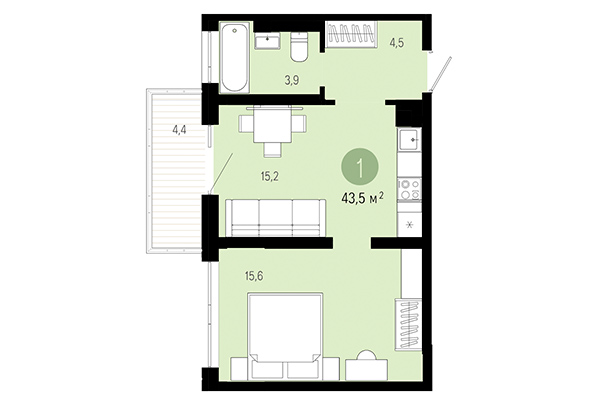 1-комнатная квартира 43,50 м² в Европейский берег. Планировка