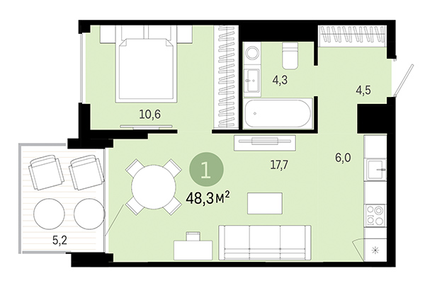 1-комнатная квартира 48,30 м² в Европейский берег. Планировка