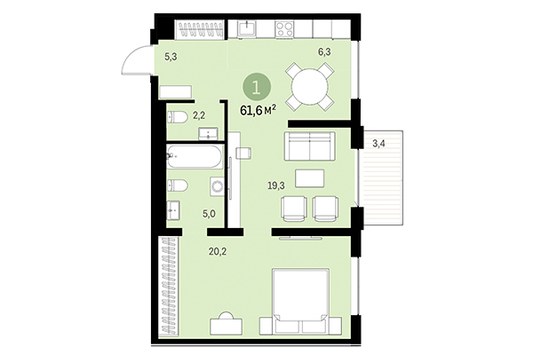 1-комнатная квартира 61,60 м² в Европейский берег. Планировка