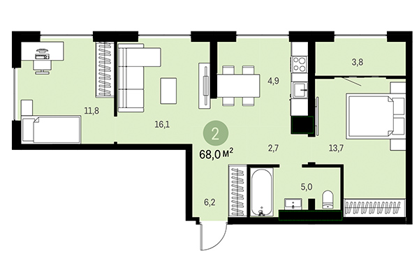 2-комнатная квартира 68,00 м² в Европейский берег. Планировка
